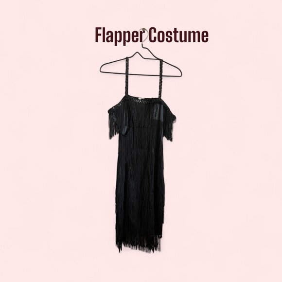 1920s Flapper Black Fringe Party Dress with Accessories - Picture 1 of 9